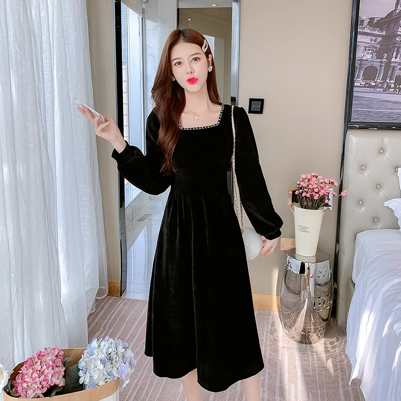 

knitting Loose Women Dresses New Fashion Casual Long Sleeve Dress Solid Color Square-collar Autumn A-LINE Knee-Length Houthion