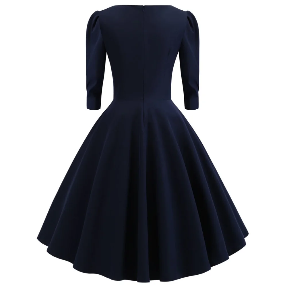Navy Color Women Midi Vintage Dress V Neck 3/4 Sleeves High Waist Retro 60s Audrey Hepburn Rockabilly Vestidos | Женская одежда