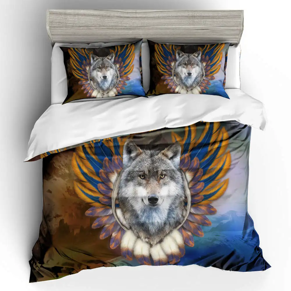 

3D animal printing bedding sets dark blue and black gradient background wolf and feathers printing home textile 2/3 pcs