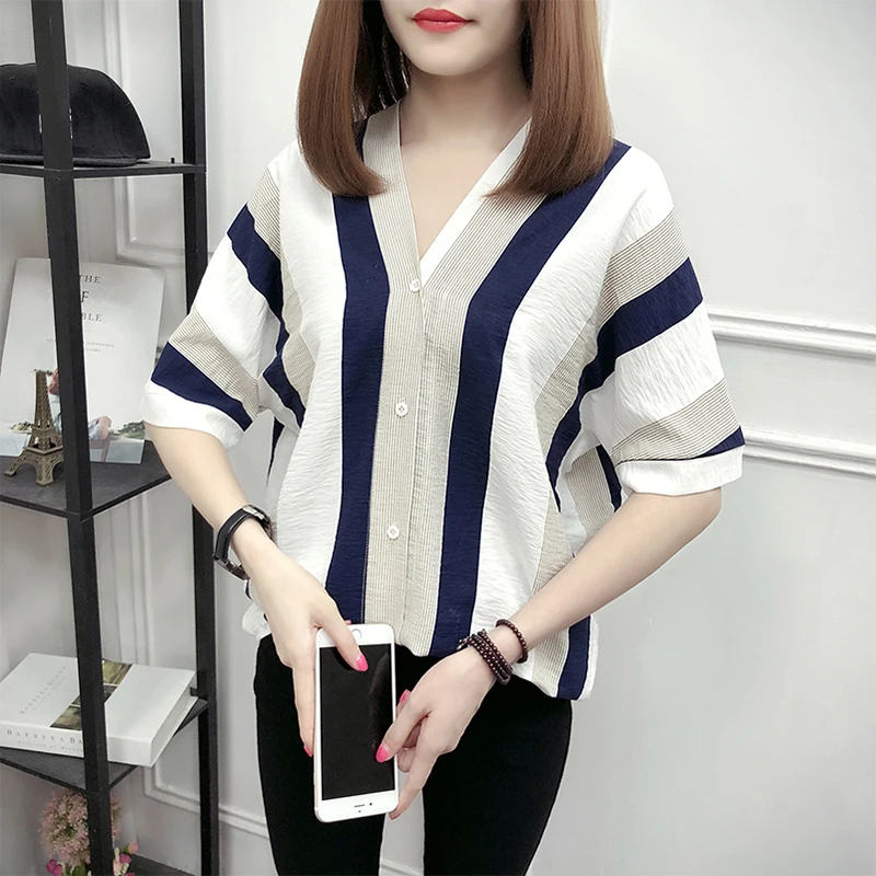 

Women Striped Blouse Shirt Half Sleeve Blouse V-neck Shirts Casual Tops Blouse et Chemisier Femme Blusas Mujer de Moda