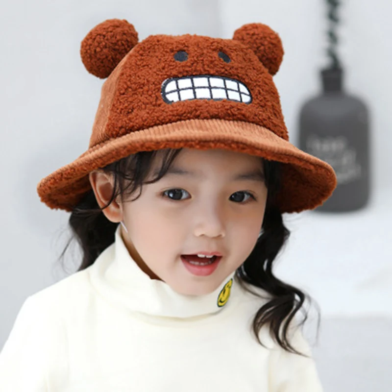 Детские зимние теплые Мультяшные мишки смешная вышивка Панама Модные шапки