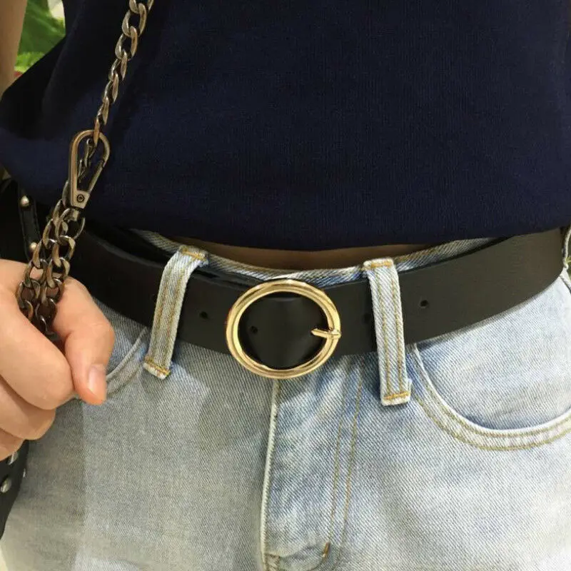 

Meihuida женский корейский винтажный металлический бохо из искусственной кожи с круглой пряжкой Прочный классический пояс с пряжкой