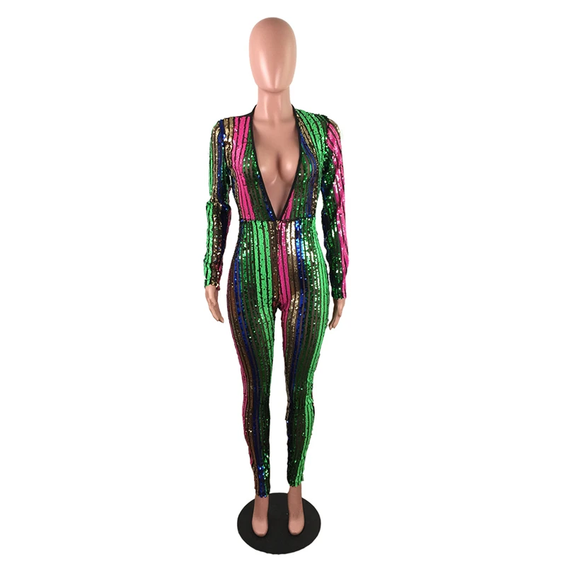 Женский комбинезон в цветную полоску Adogirl Облегающий с блестками глубоким