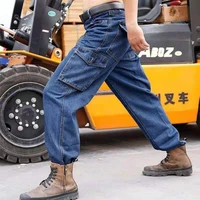 cotton jeans for men wear resistant anti scald denim overalls welding cargo pants thickened loose straight auto repair trousers