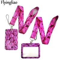 pink rose flowers key lanyard car keychain id card pass gym mobile phone badge kids key ring holder jewelry decorations
