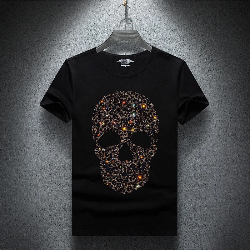 

2021 Summer New Fashion Brand Men's T-Shirt Homme Personalized Trend Hot Drilling Skulls Men's Heavy Industry Tshirt Men