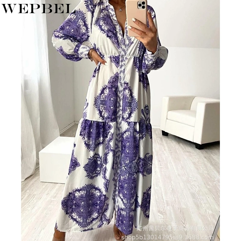 

WEPBEL Fashion Printed Dress Women's Loose Pleated Stitching Dress Autumn Lantern Sleeve V-neck Single Breasted Split Dress