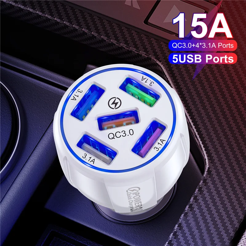 Автомобильная зарядка 5 портов USB 30 Вт Быстрая Мини-зарядка 15 а для iPhone 11 Xiaomi Huawei