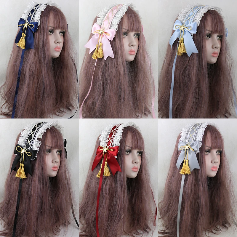 

Japan Fashion Lolita Sweet Bowknot Tassel Hand Made Hair Band Women Khaki Hair Accessories Lace Hair Ornaments Maid Headdress