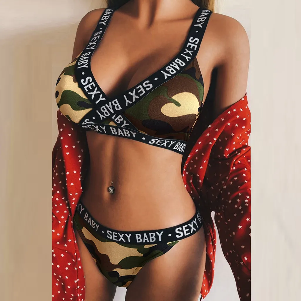 Камуфляжный комплект бикини на косточках женский купальный костюм с буквенным
