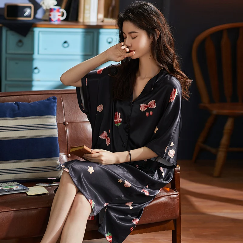 

Ice Silk Nightdress Women's Summer Thin Senior Sexy Pajamas Artificial Silk Short Sleeve plus Size Homewear