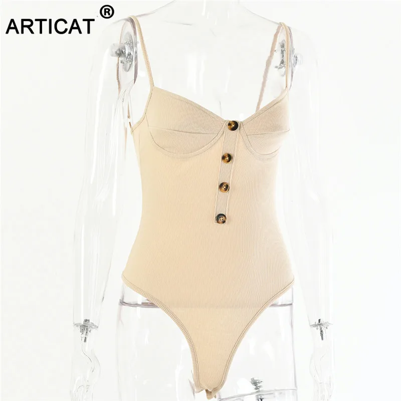 Articat Knitted Spaghetti Strap Sexy Bodysuit Women Tops Backless Buttons Bodycon Rompers Women Jumpsuit Basic Party Overalls