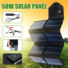 50W Solar Panel Charger Kit DC 12V/3A Output Foldable Outdoor Dual USB Port Solar Panel System Car Charger Phone Laptops Battery