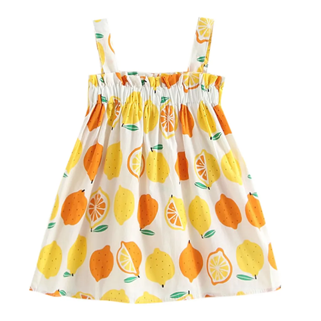 Dress For Girls Toddler Infant Baby Lemon Print Sleeveless Strap Princess Dresses Outfits 2020 New Fashion | Детская одежда и