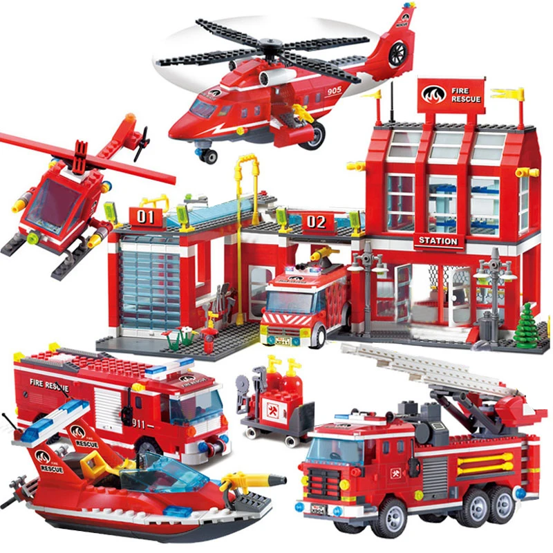 

City Police Fire Station Truck Spray Water Gun Firemen Car Building Blocks Sets Bricks Model Kids Toys Boys Gifts