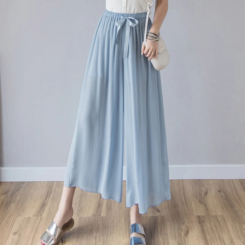 

Korean Elegant Chiffon Pants Women Bandage High Waist Wide Leg Pants Casual Loose Culottes Pants 2020 Summer Trousers For Women
