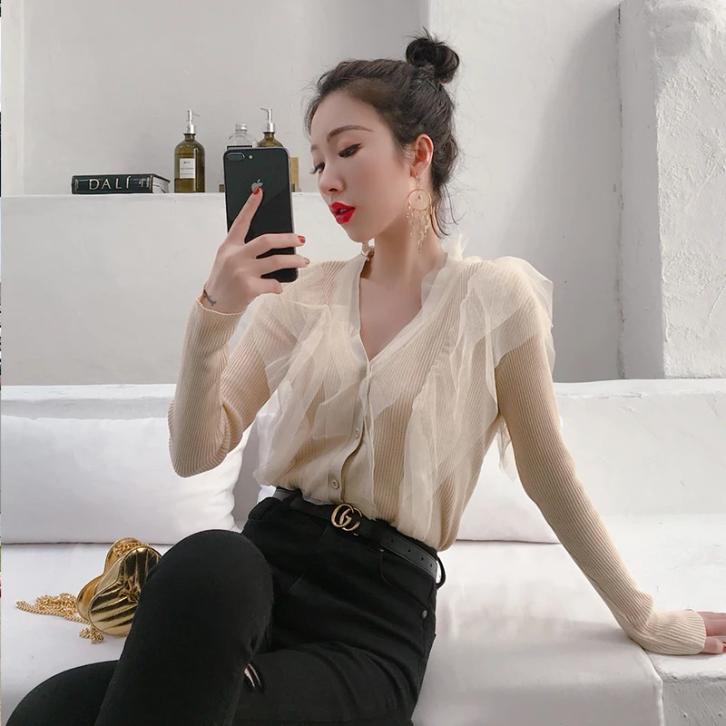 Новый весенний женский модный вязаный кардиган сетчатый свитер с вышивкой