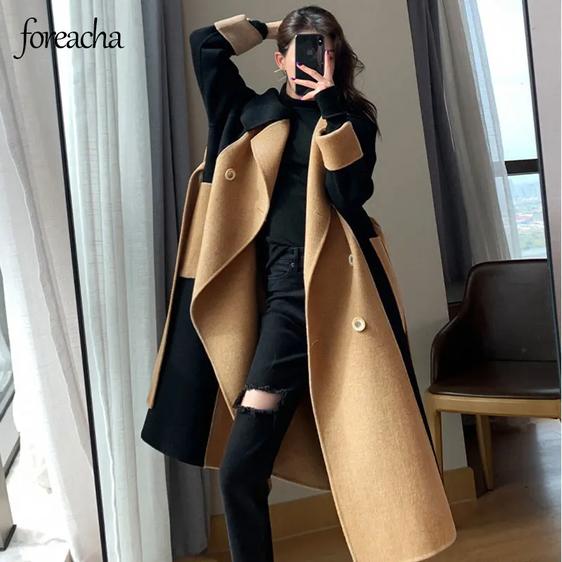 Foreacha корейское модное двухстороннее шерстяное пальто длинное пальто двубортное Женское пальто осенне-зимнее женское пальто