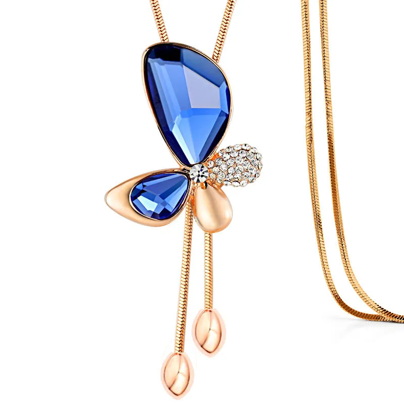 

Crystal Butterfly Pendant Necklace Women Elegant Sweater Snak Chain Necklace Long Tassel Gold Color Fashion Sweet Jewelry Gift