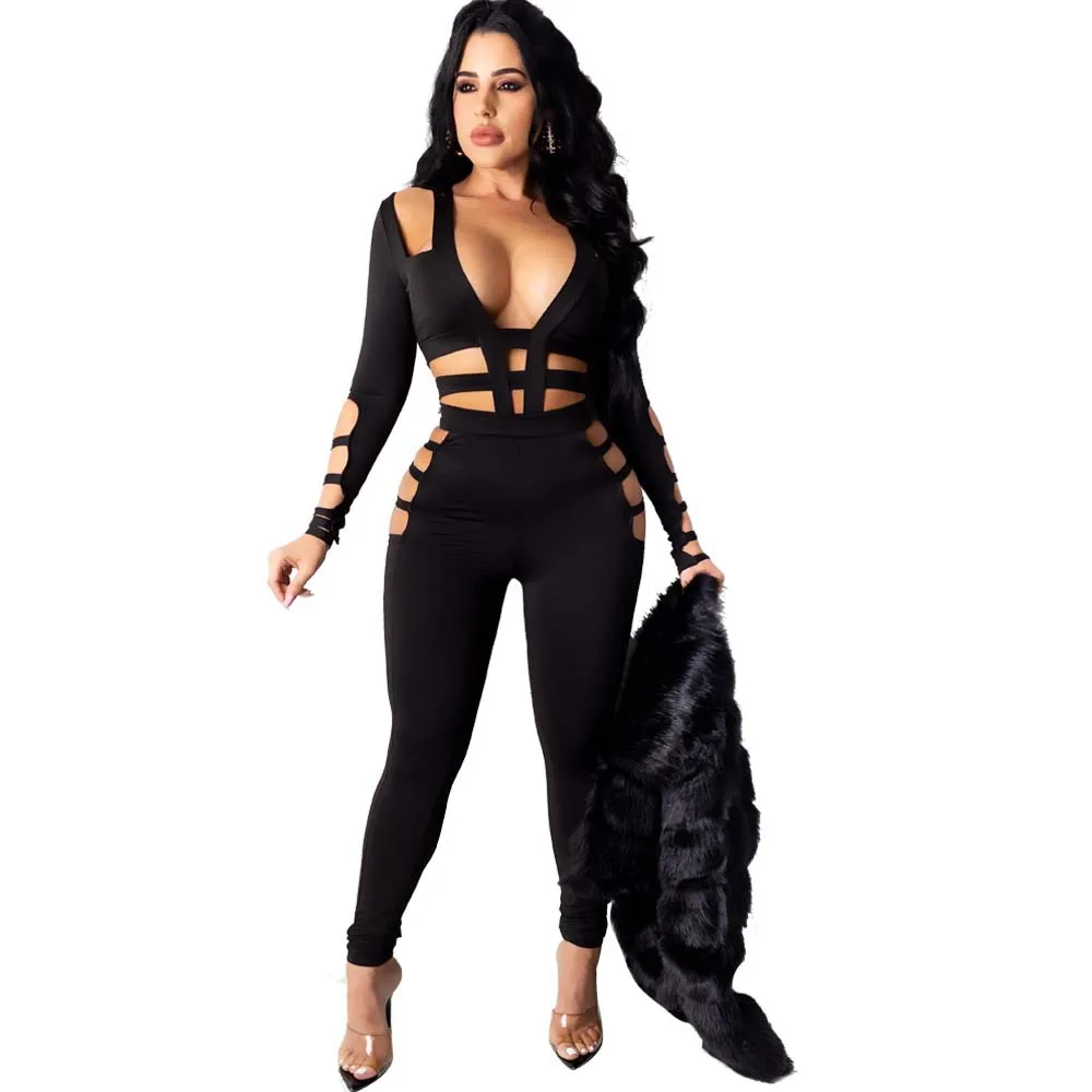 

Комбинезон женский с глубоким V-образным вырезом, пикантный Черный Ромпер с вырезами, облегающие брюки-карандаш с длинным рукавом, одежда дл...