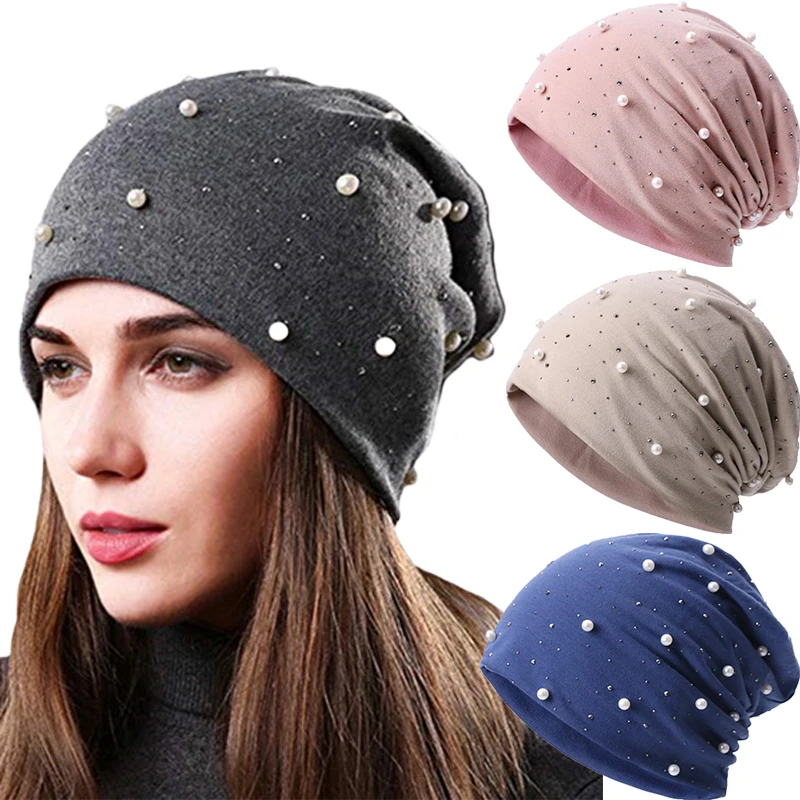 

Winter Women Slouchy Beanie Hats Soft Cotton Pearl Rhinestone Dotted Hats Autumn Women Girls Warm Skullies Caps Bonnet Hats