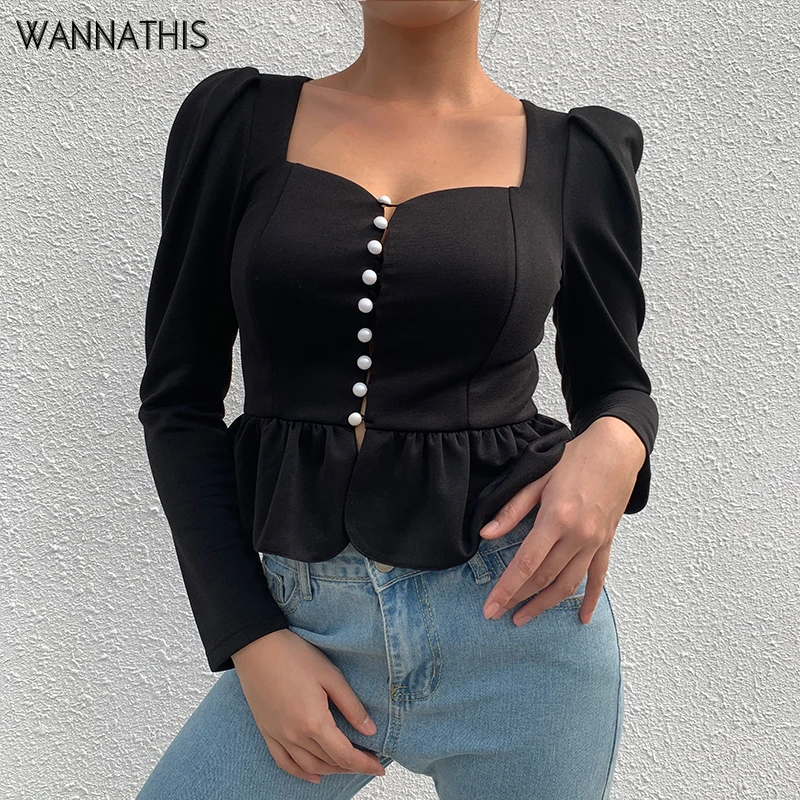 Wannathis топ с пышными рукавами женская блузка черный квадратный воротник спереди пуговица оборки длинный рукав тонкий осенний Элегантный женский укороченный топ