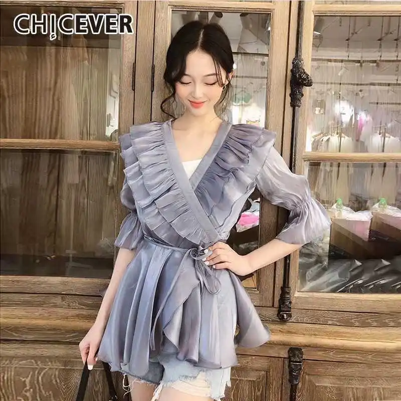 Женская рубашка CHICEVER летняя с треугольным вырезом поясом на шнурках