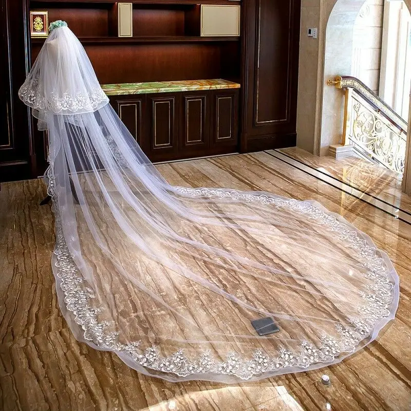 

Hot 3M 2L White Ivory Wedding Veil Cathedral Length Lace Appliques Bridal Long With Comb Hair Accessory Custom Made Veils
