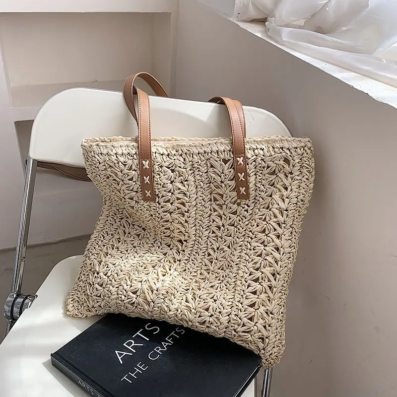 

Ladies Summer Casual Straw Woven Top-Handle Handbag 2021 Big Capacity Handbag Casual Beach Shoulder Bag Underarm Shoulder Bags