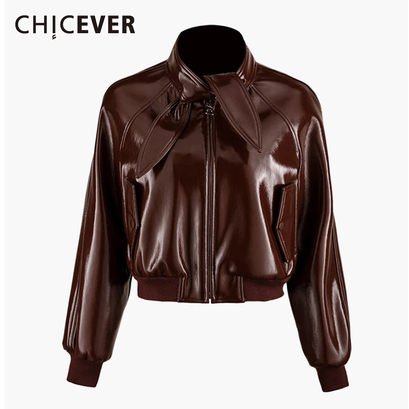 Женские куртки CHICEVER повседневные Куртки из искусственной кожи с высоким воротом