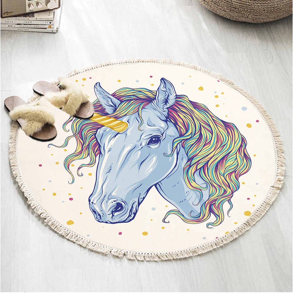 

Miracille Fairy Unicorn Tassel Round Carpet Soft Mat Digital Printed Rug Floor Decor Carpet Girl's Room Bedside Welcome Door