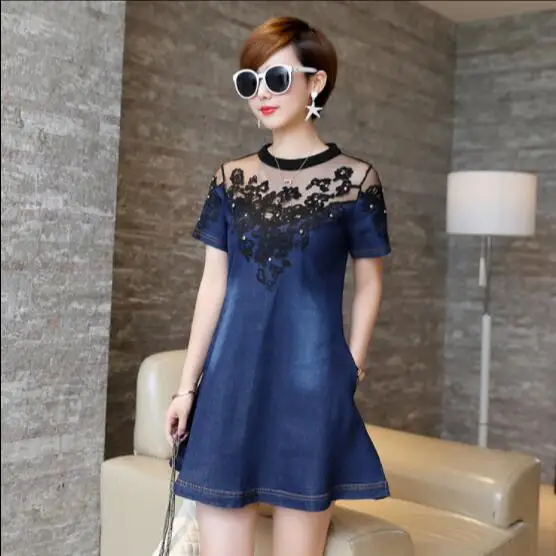 2020 винтажное джинсовое платье с О образным вырезом и коротким рукавом вышивкой