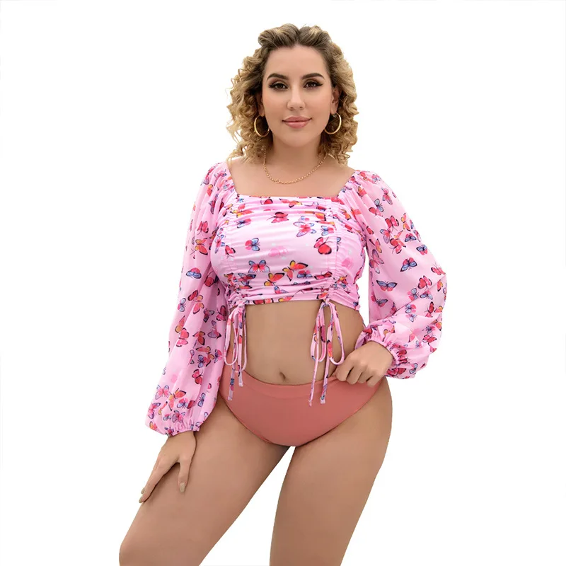 

Y231 Summer Plus Size Split Swimsuit Women's Two-Piece Printed Top Drawstring Long-Sleeved Square Neck Sexy Swimwear