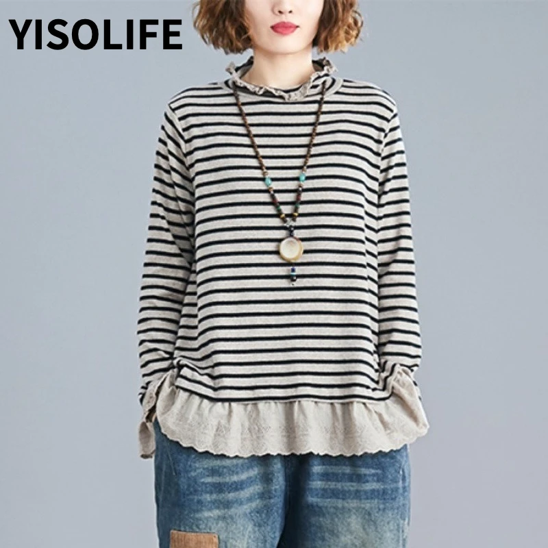 

YISOLIFE Add Fertilizer To Increase The Coat Autumn Clothes Loose Fat MM Stripe Splicing Lace Round Neck Casual Shirt Women Gift