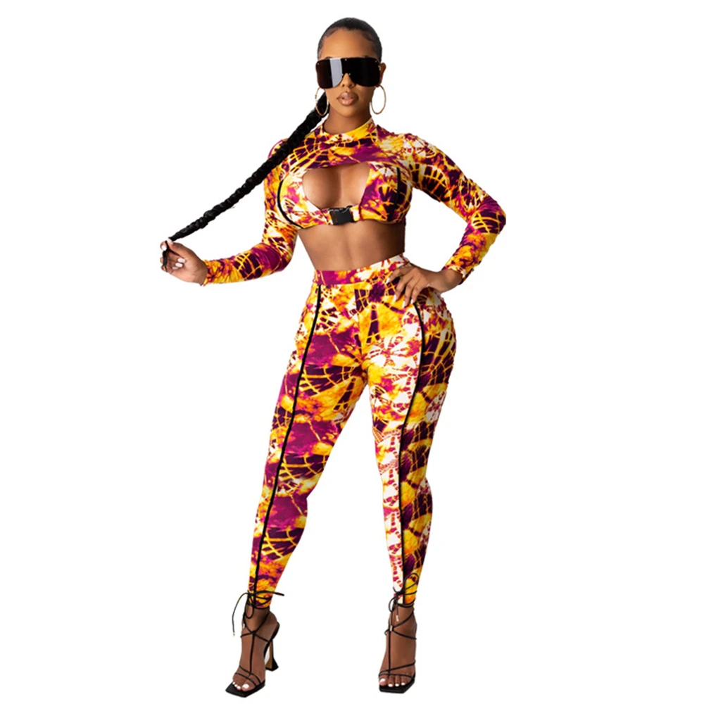 

2020 Long Sleeve Print Crop Top Tube Top Leggingse 2 Pieces Set Summer Women Fashion Tracksuit