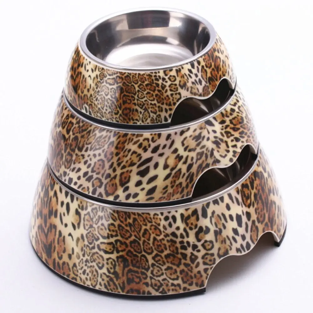 

Leopard Style Dog Bowl Melamine plastic Stainless Steel Bowl Pet Dog & Cat Feeding and Watering Supplier