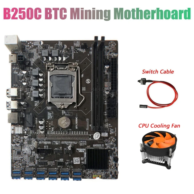 

Материнская плата для майнинга BTC B250C с охлаждающим вентилятором + кабель переключения 12 PCIE в разъем для графической карты USB3.0 LGA1151 поддержив...