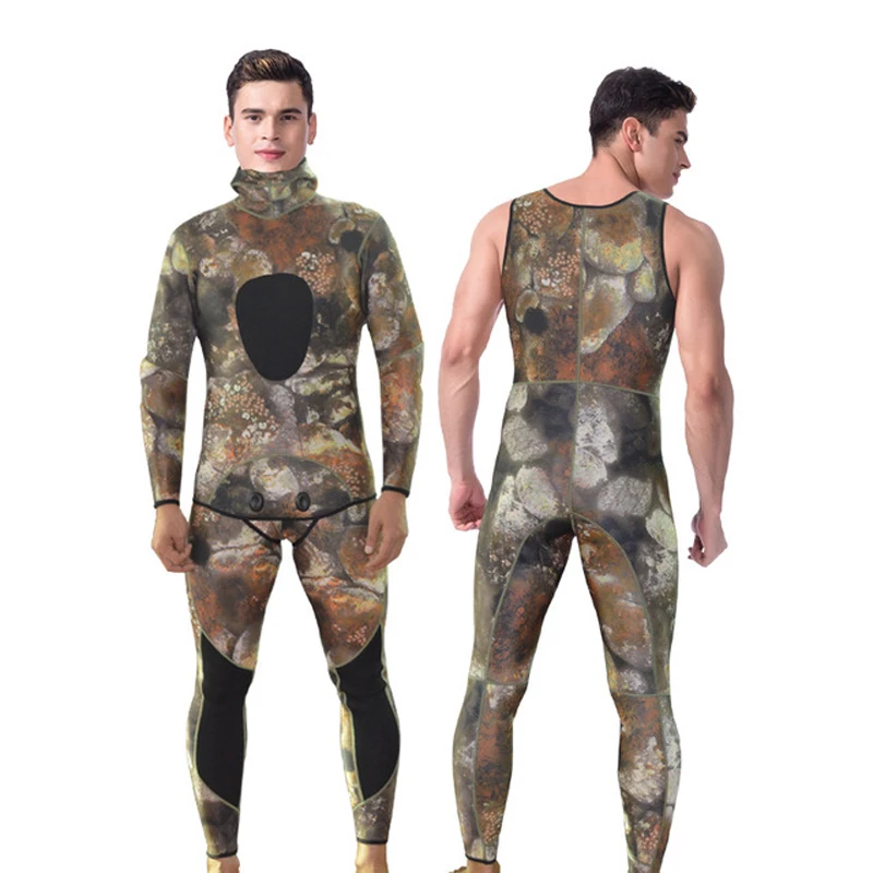 3mm Neoprene Camouflage Spearfishing Wetsuit Two Piece Full Body Triathlon Scuba Diving Wetsuit With Hood For Underwater Hunting