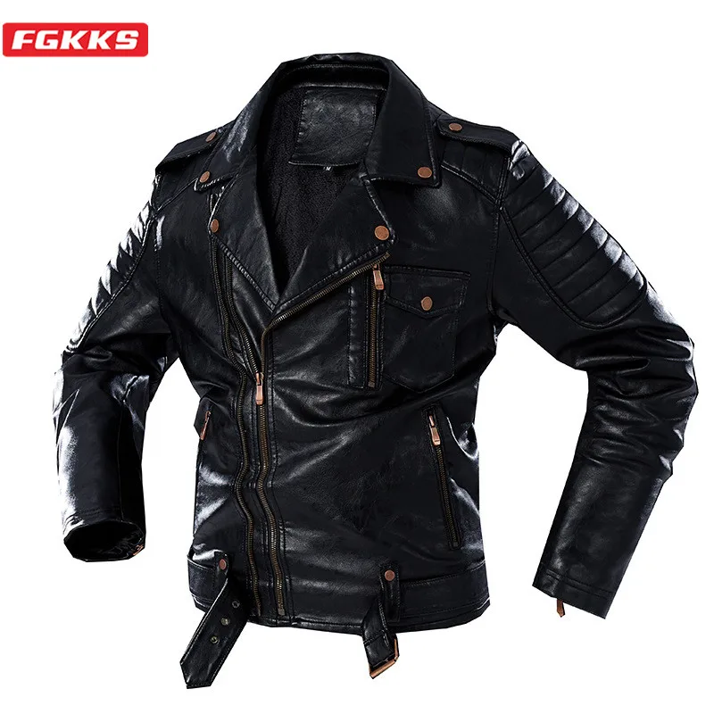 FGKKS Winter Men Fashion Leather Jacket Men's Retro Thick Leather Jacket Trendy Brand Biker PU Leather Jackets Male