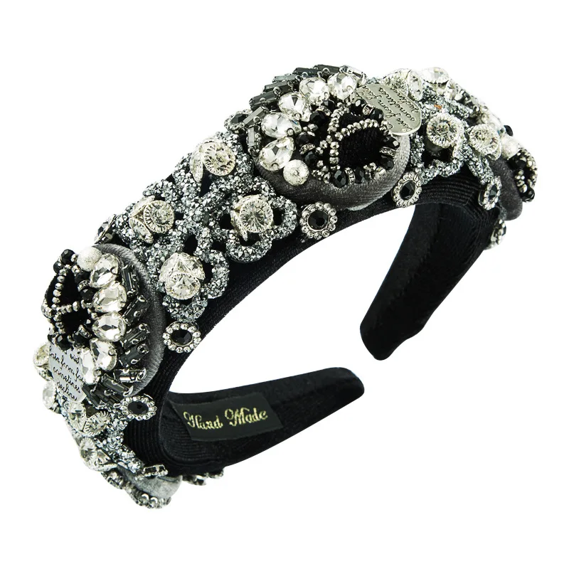 

Fashion creative luxury rhinestone gemstone handmade headband female gold velvet flower accessories retro gray headdress