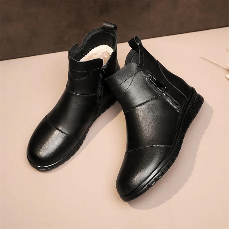 

ANNYMOLI Natural Genuine Leather Flats Platform Female Boots Women Ankle Boots Shoes Zipper Round Toe Short Boots Lady Winter 41