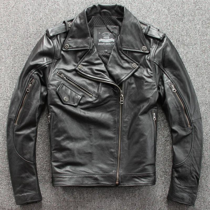 

Genuine Leather Men's Jacket Men's Lapel Diagonal Zipper Top Layer Cowhide Motorcycle Suit Slim Leather Jacket