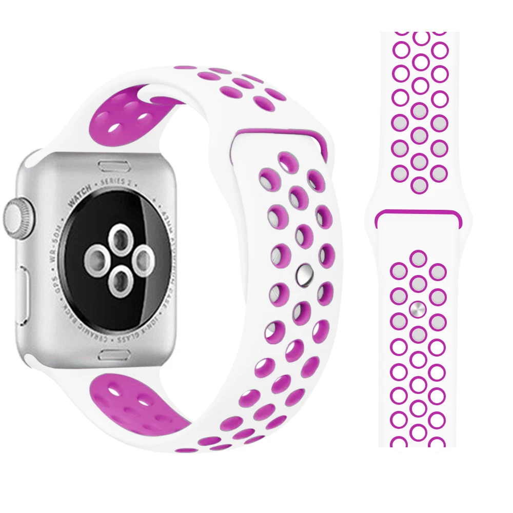 White with purple Ремешок для Apple Watch, мягкий силиконовый сменный Браслет серии 5, 4, ремешок для часов 44 мм, 40 мм, iwatch, ремешок серии 1, 2, 3, 38 мм, 42 мм - Цвет ремешка: White with purple