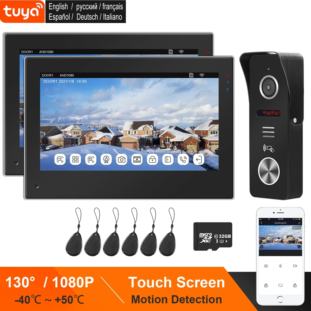 Wifi Video Deurtelefoon Voor Thuis Tuya Ip Video Intercom Systeem 2 Monitoren 1080P Deurbel Rfid Motion Detecties Telefoon bericht Push