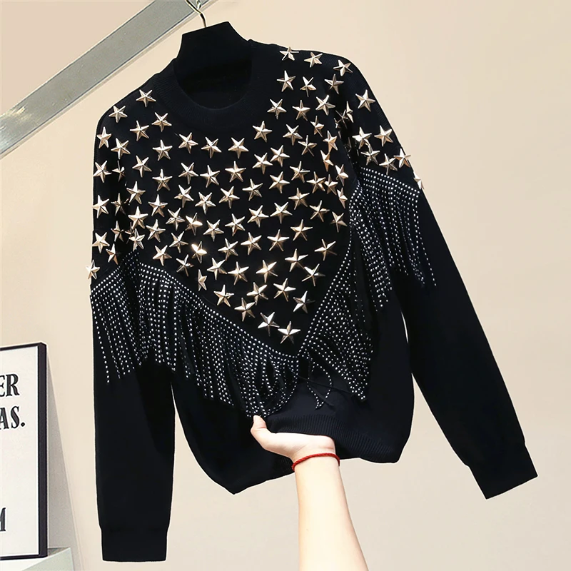 

Heavy Industry Tassled Star Rivet Pullover Woman Knitting Tops 2020 Fall New Sweater Women Loose Black Casual Sweaters Street