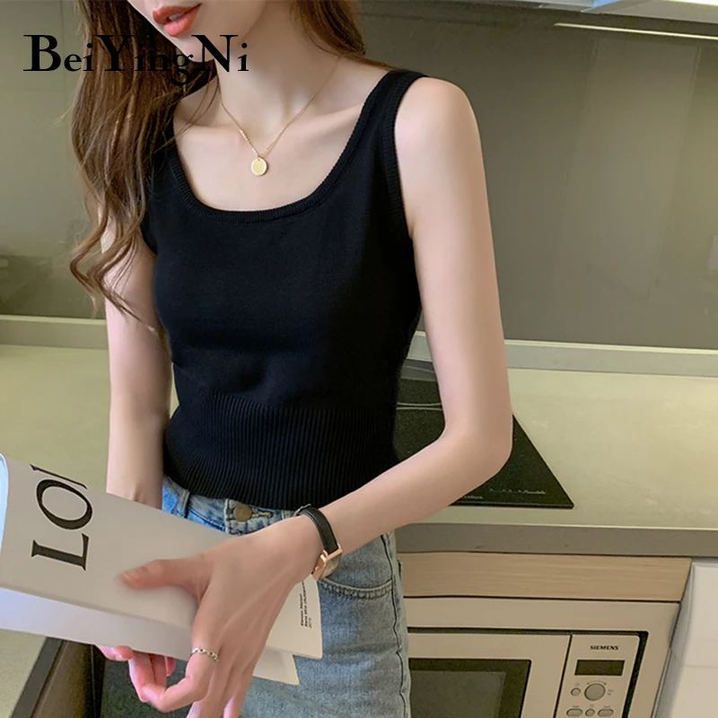 

Beiyingni 2021 Summer Korean Slim Spaghetti Strap Tops Womens High Street Solid Casual Sports Tank Top Woman Knitted Vest Simple