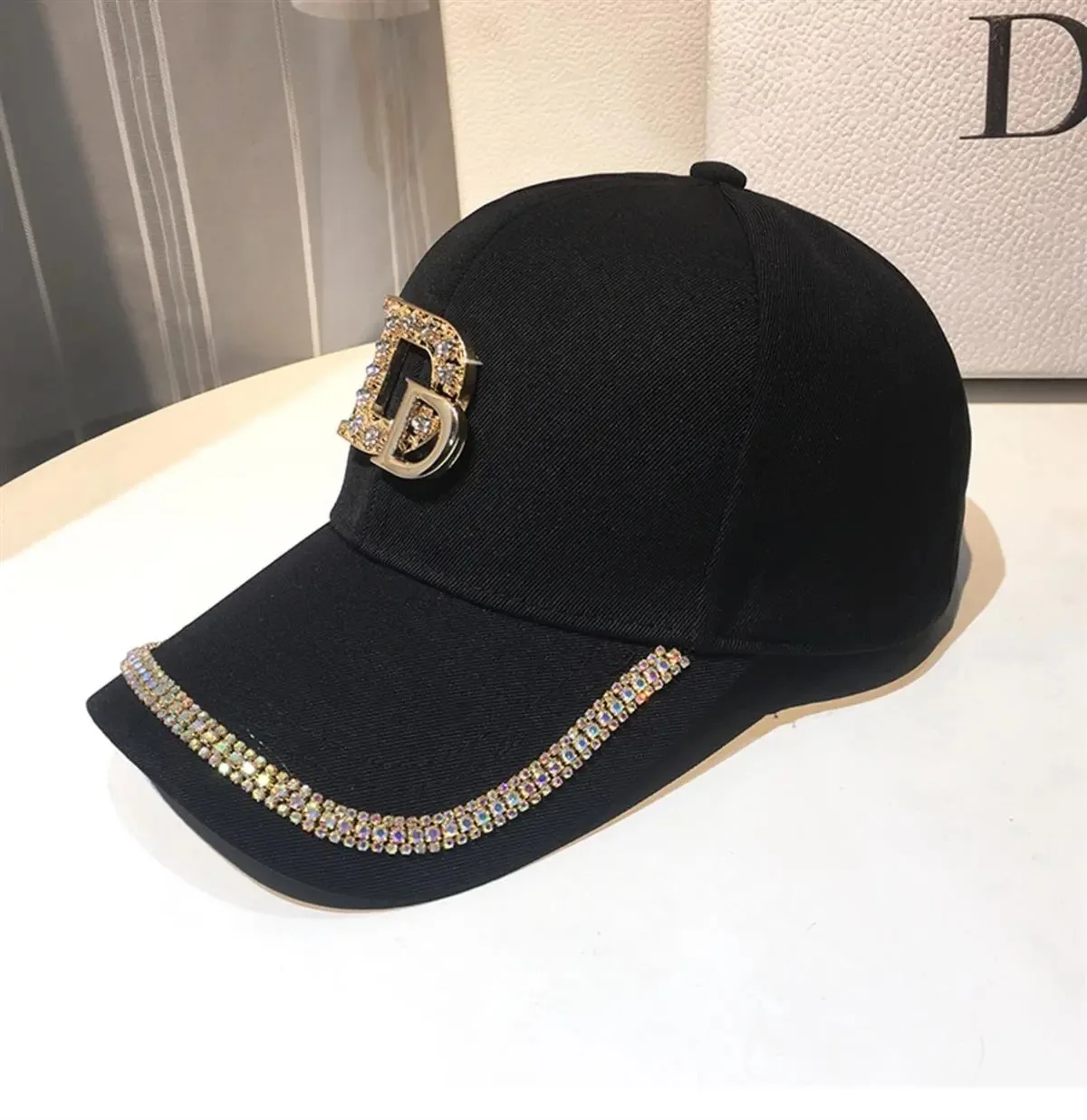 2021 New Letter D Baseball Caps Rhinestone Cotton Snap Back Women's Cap Hip Hop Cap Adjustable Hats for Women Baseball Caps