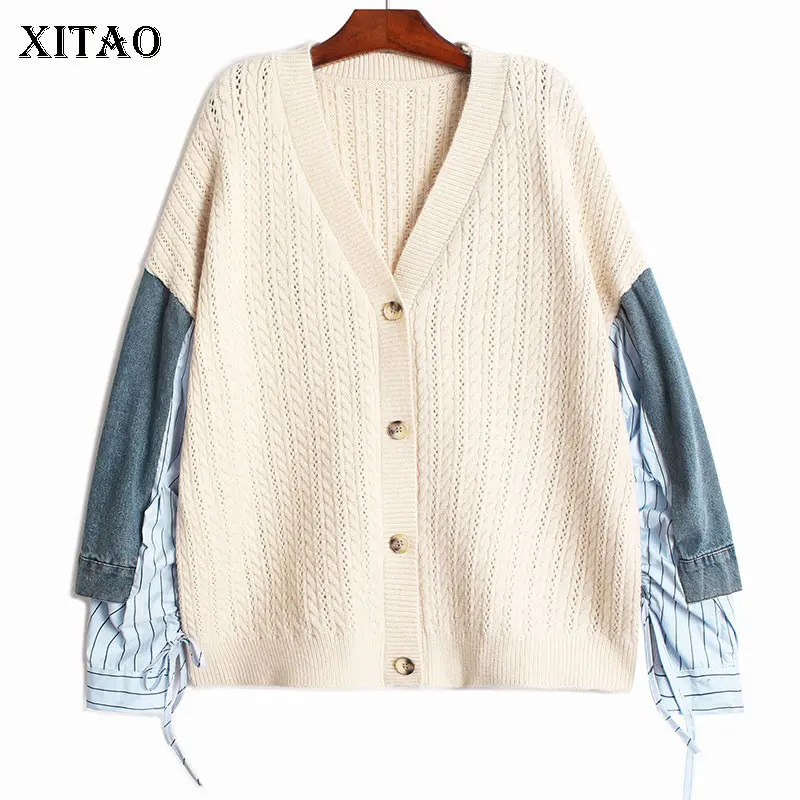 

XITAO Personality Patchwork Cardigan 2021 Autumn New Arrival Loose Casual V-neck Long Sleeve Fashion All-match Women WMD4168