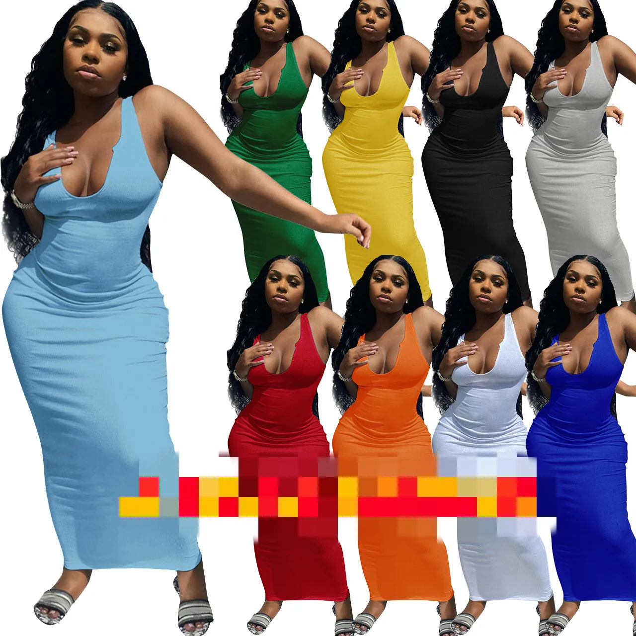 

Fashion Ribbed Knitted Stripe Women Sleeveless Midi Dress V Neck Bodycon Sexy Streetwear Party Club Elegant 2021 Spring Summer