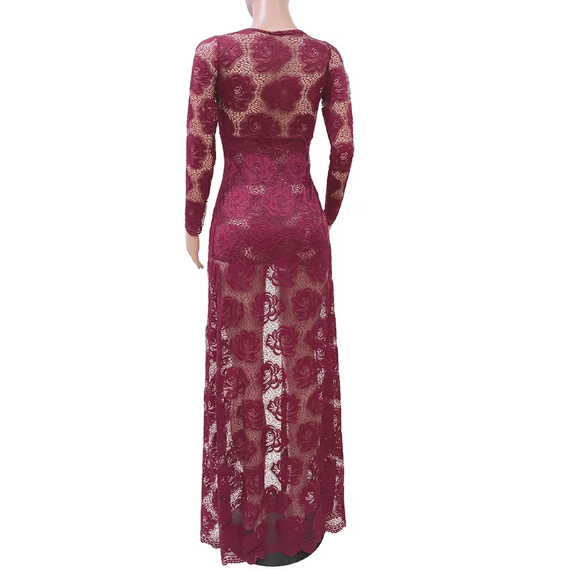 

Women Transparent Lace Dress Long Sleeve Lace Dip Hem Long Dress Sexy V Neck Floral Fake 2 Piece Dresses Elegant Party Vestidos